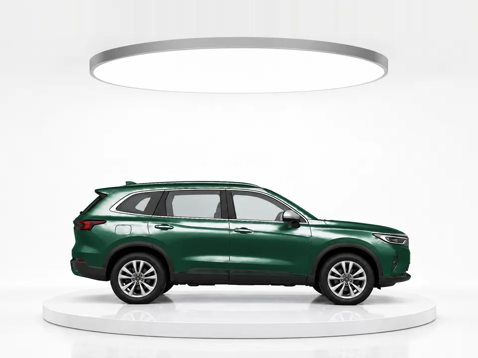With your status card: the same SUV in green under a bright studio light
